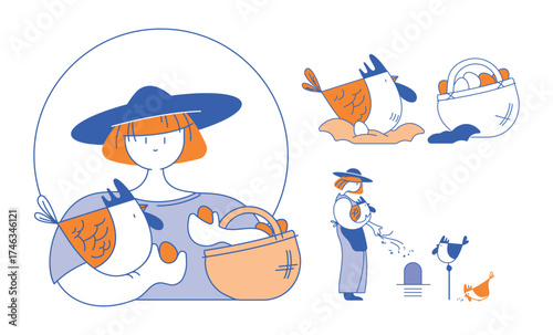 illustration d'une femme qui ramasse les oeufs, vecteur, couleurs modifiables, dessin de presse, rapport d'activité, agriculture, sérigraphie, risographie, infographie, style de vie, métier