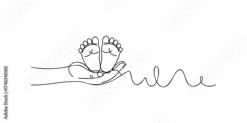 Line art of baby feet held in a caring hand