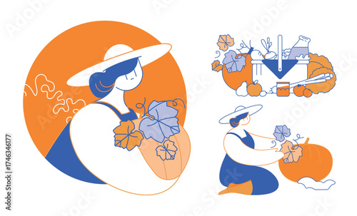 illustration d'une femme qui cueille une citrouille, vecteur, couleurs modifiables, dessin de presse, rapport d'activité, agriculture, sérigraphie, risographie, infographie, style de vie, métier
