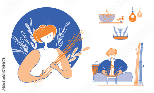 illustration d'une vannière qui cueille des branches, vecteur, couleurs modifiables, dessin de presse, rapport d'activité, agriculture, sérigraphie, risographie, infographie, style de vie, métier