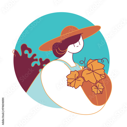 illustration d'une femme qui cueille une citrouille, vecteur, couleurs modifiables, dessin de presse, rapport d'activité, agriculture, sérigraphie, risographie, infographie, style de vie, métier