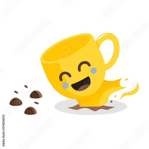 Broken yellow cup with smiley face and spilled black tea on the floor. Tea spilled on the floor. Splashes and tea leaves on the floor.