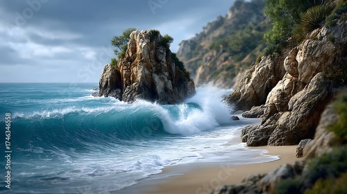 Wallpaper Mural A large ocean wave crashing dramatically against rugged cliffs, water droplets in mid-air. ,  Torontodigital.ca