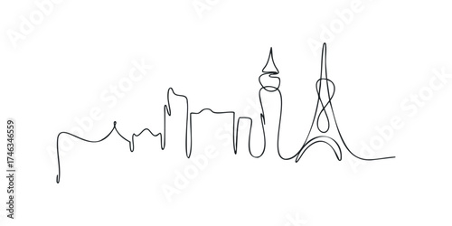 Cityscape continuous line drawing of famous landmarks