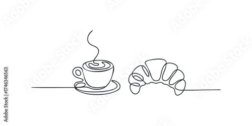 Continuous line drawing of coffee cup and croissant on saucer