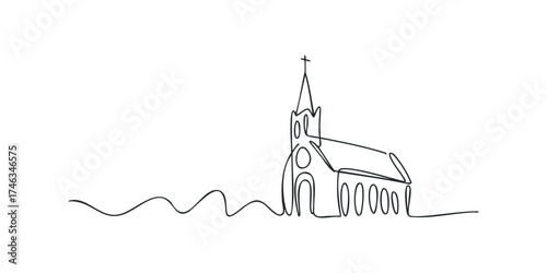 Continuous line drawing of a chapel with a steeple and arched windows