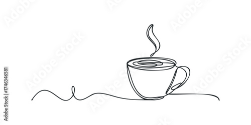 Single line drawing of steaming coffee cup
