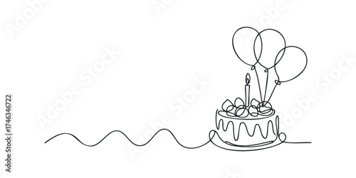 Celebration cake with lit candle and balloons in minimalist line art