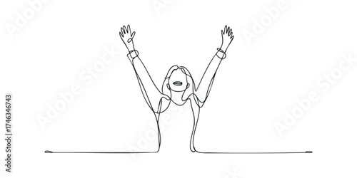 One Line Drawing of Woman With Arms Raised in Celebration