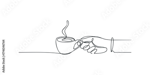 Hand holding a steaming cup of coffee depicted in continuous line drawing