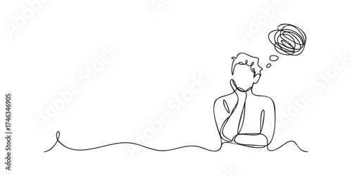 Person thinking with tangled thoughts in a thought bubble