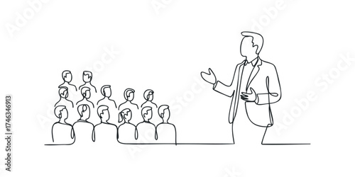 Speaker addressing audience in minimalist line art style