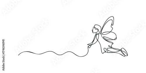 Continuous line drawing of a winged fairy on white