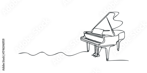 Minimalist line drawing of a grand piano with sheet music