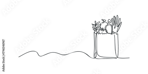 One Line Drawing of Groceries in a Paper Bag
