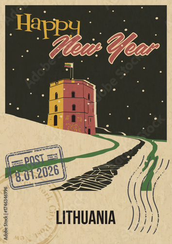 Happy New Year Lithuania Tourist Attraction Greeting Card, Gediminas Castle Tower Illustration. Vector Template Retro Style Postcard. Postal Imprint, Aged Paper Texture, Snow