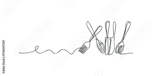 Single continuous line drawing of kitchen utensils