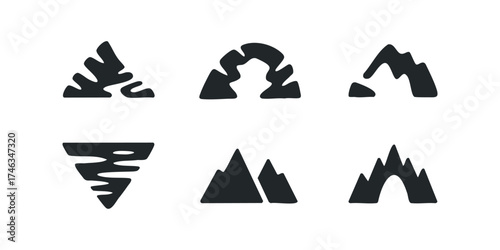 Collection of six unique black mountain and cave icons