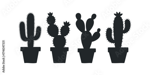 Four Potted Cactus Silhouettes Against White Background