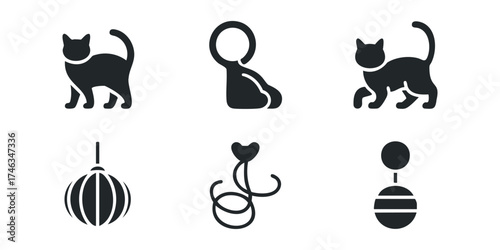 Black Cat Silhouette Collection With Playful Toy Icons