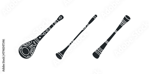 Set of three black tribal musical instruments