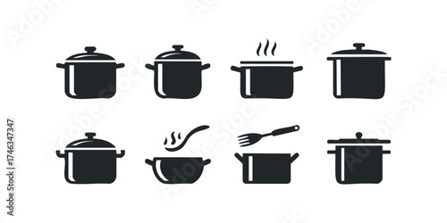 Set of Kitchen Pots and Cooking Utensils Icons