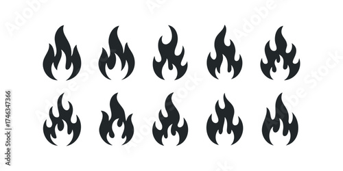 Ten Black Flame Icons Collection on White Background