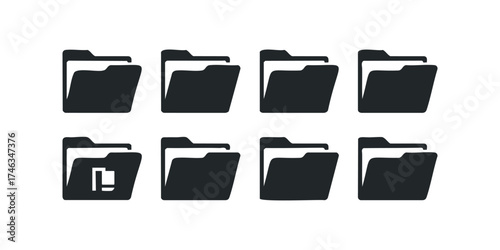 Set of eight black folder icons with slight variations