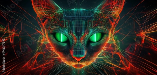 Glowing neon cat face digital art with colorful lines and streaks