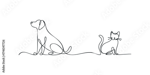 Single line drawing of a sitting dog and cat