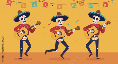 Three joyful skeleton musicians, playing traditional instruments, bring a festive spirit to life in this dynamic flat design illustration. 
