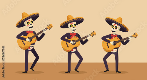 Three joyful skeleton musicians, playing traditional instruments, bring a festive spirit to life in this dynamic flat design illustration. 