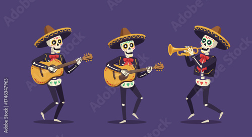Three joyful skeleton musicians, playing traditional instruments, bring a festive spirit to life in this dynamic flat design illustration. 