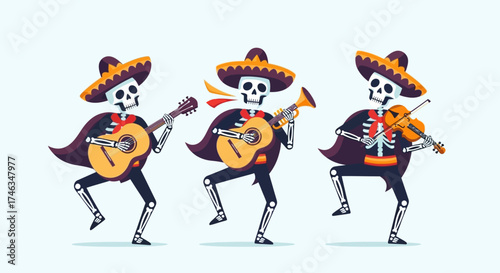 Three joyful skeleton musicians, playing traditional instruments, bring a festive spirit to life in this dynamic flat design illustration. 