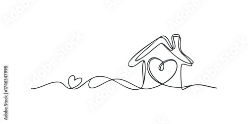 Continuous line drawing of a house with a heart symbol