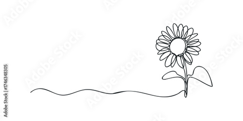 Single line drawing of a sunflower with stem and leaves