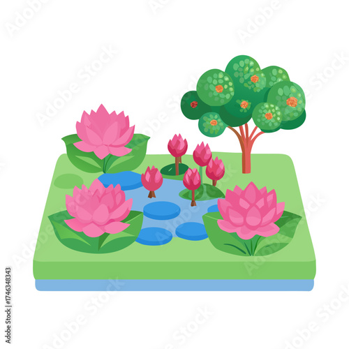 Pink lotus flowers in a pond and viburnum bushes in a park garden in summer.
