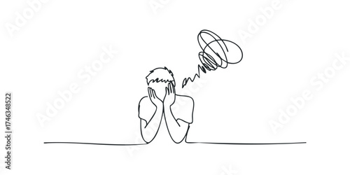 Person holding head with tangled thoughts above