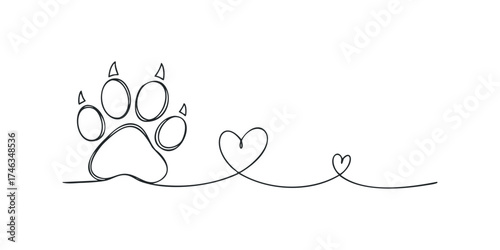 Continuous line drawing of paw print with heart shapes