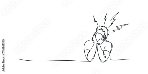 Man in distress holding head with worried expression and radiating lines
