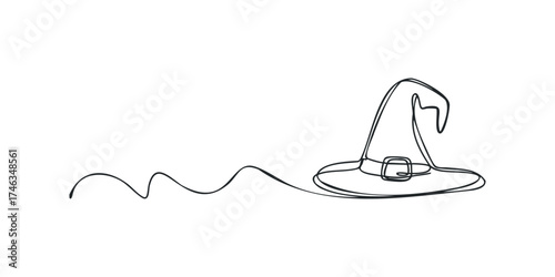 Single line drawing of a witch hat with a wavy tail