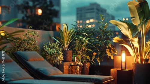 Rooftop terrace lounge evening scene