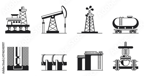 Oil and gas industry flat icons. Drilling, production, transportation, storage