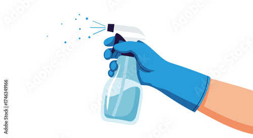 A hand wearing a blue glove sprays liquid from a clear bottle onto a white background for cleaning and disinfection purposes.