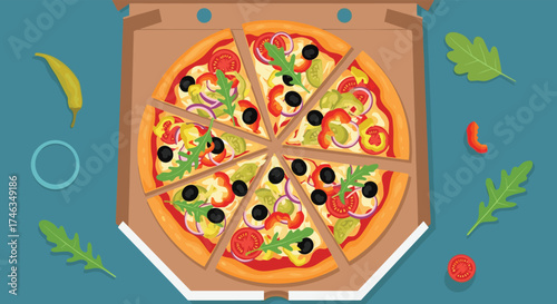 A delicious whole pizza cut into eight slices with various vegetable toppings is presented in its cardboard box.
