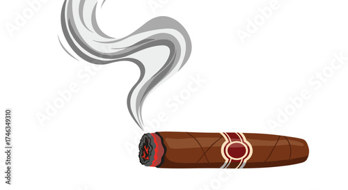 A brown cigar with red and white banding is burning and emitting a plume of gray smoke.