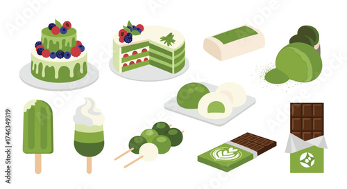 A delightful collection of matcha flavored desserts including cakes ice cream and chocolate.