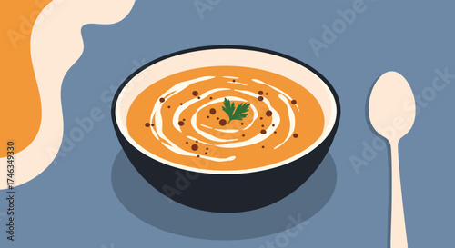 A steaming bowl of creamy orange soup garnished with fresh herbs and black pepper awaits a hungry diner on a blue table.