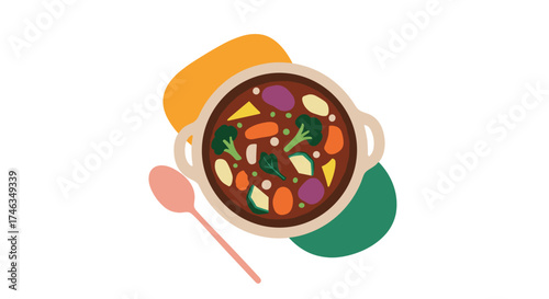 A delicious bowl of vegetable stew with a spoon ready to serve.