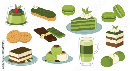 A delightful collection of green tea flavored desserts and drinks in pixel art style.